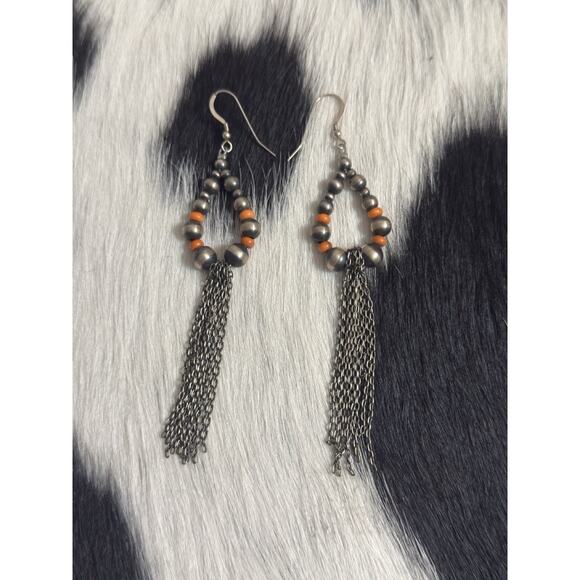 Native American Sterling Silver Navajo Pearl Orange Spiny Chandelier Earrings 4” - Picture 10 of 10